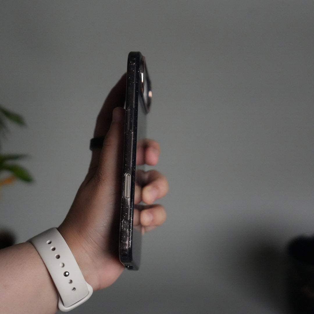 iPhone 17 Air Glitter MagSafe Case | Transparent Cover with Sparkle Finish & Metallic Camera Bumper