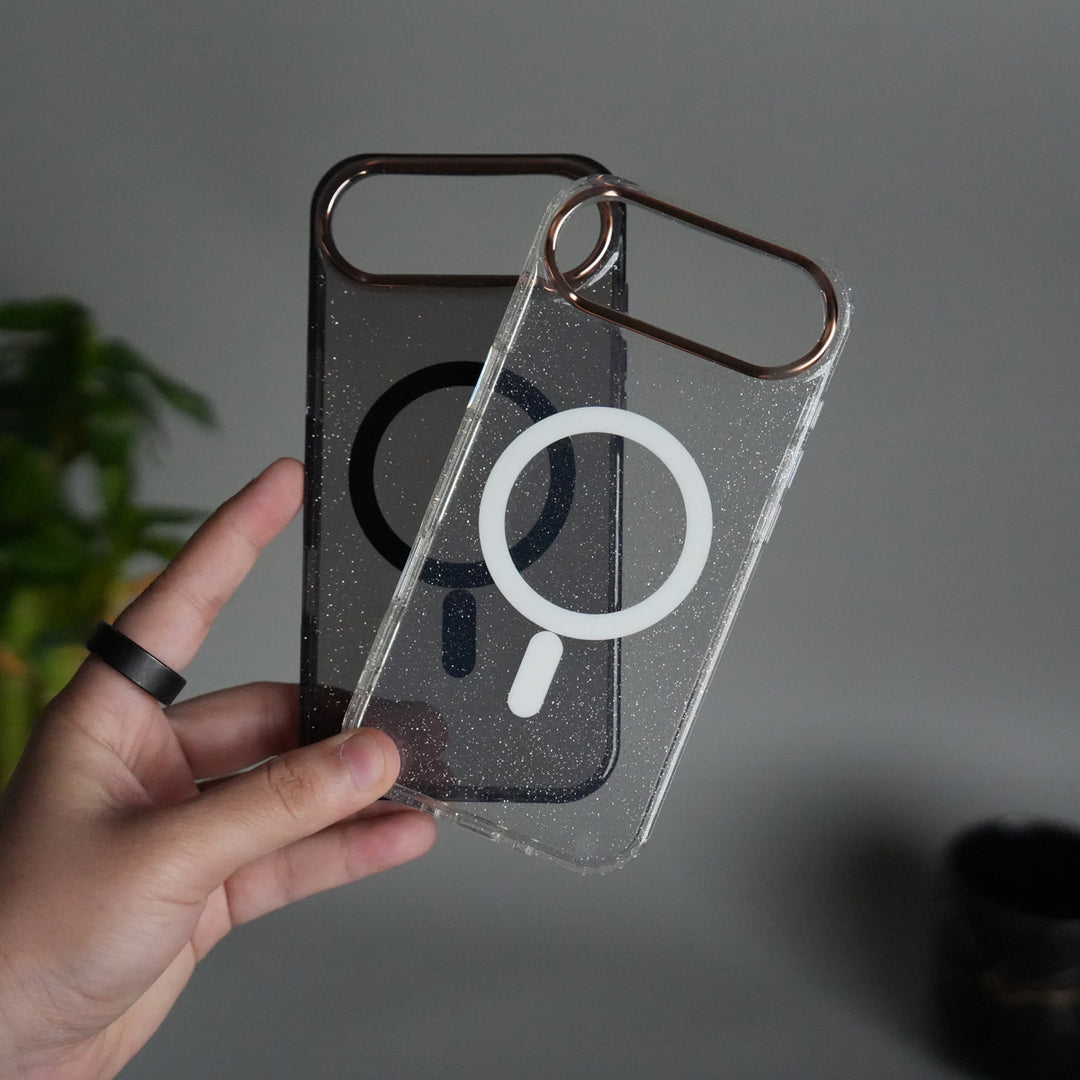 iPhone 17 Air Glitter MagSafe Case | Transparent Cover with Sparkle Finish & Metallic Camera Bumper