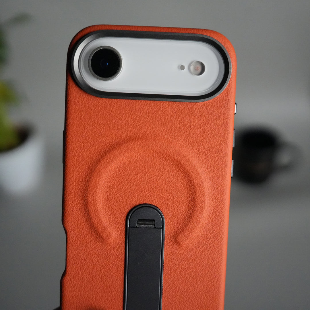 iPhone 17 Air Premium Leather-Texture Back Case with Metal Kickstand | Shockproof Cover