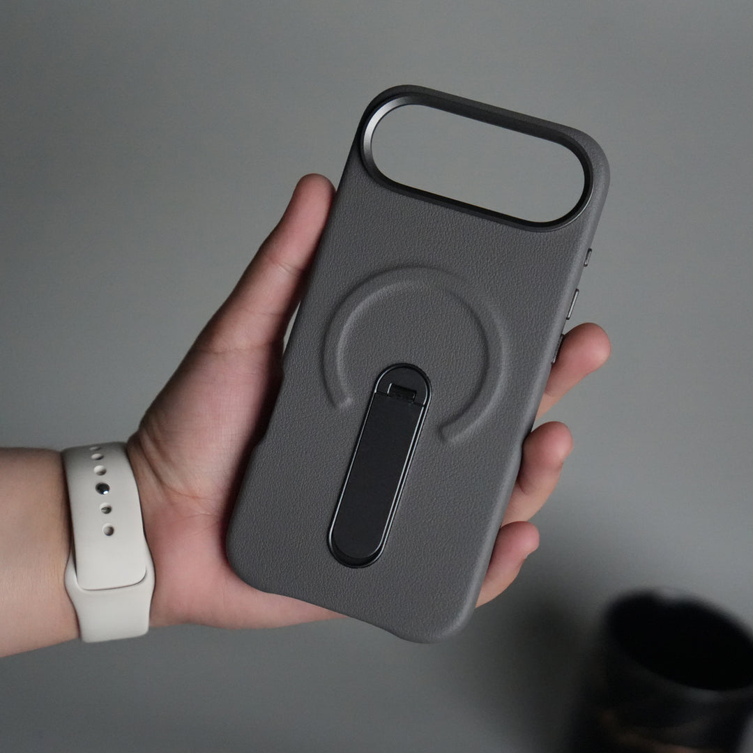 iPhone 17 Air Premium Leather-Texture Back Case with Metal Kickstand | Shockproof Cover