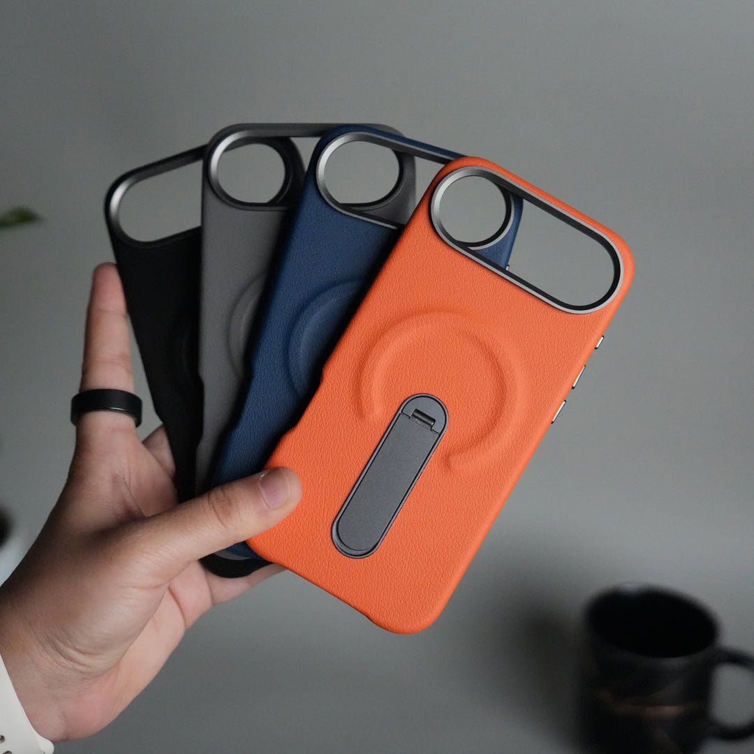 iPhone 17 Air Premium Leather-Texture Back Case with Metal Kickstand | Shockproof Cover