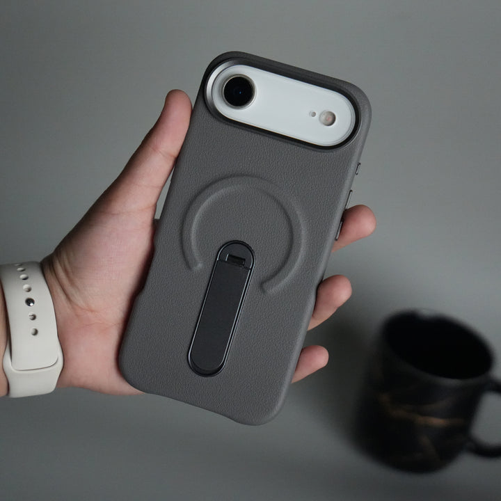 iPhone 17 Air Premium Leather-Texture Back Case with Metal Kickstand | Shockproof Cover