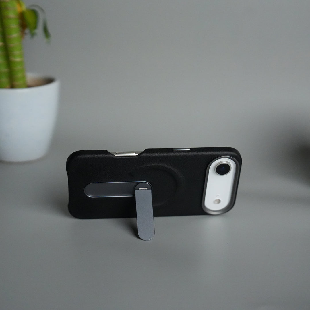 iPhone 17 Air Premium Leather-Texture Back Case with Metal Kickstand | Shockproof Cover