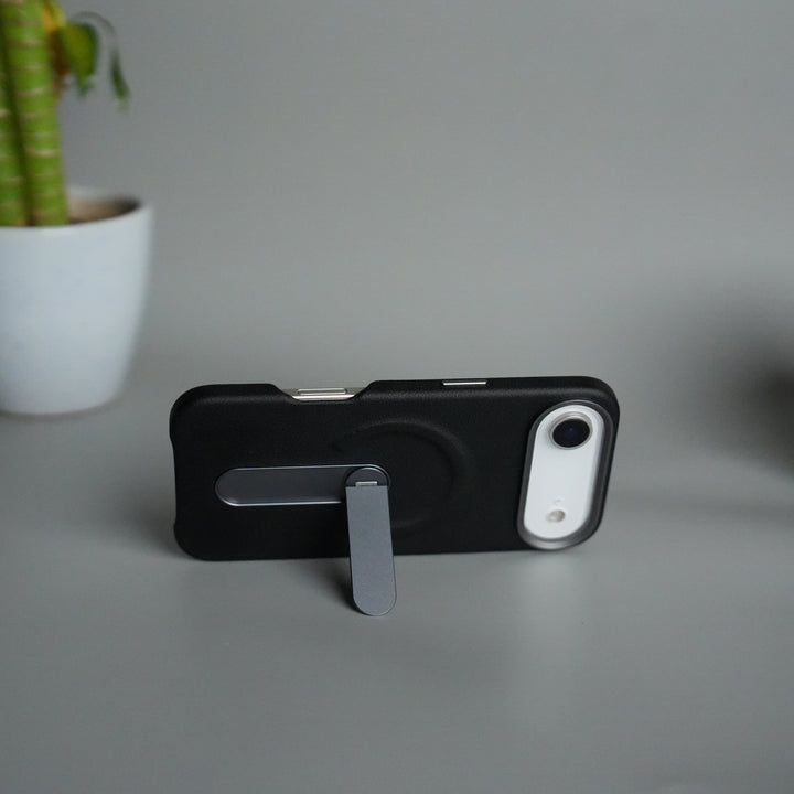 iPhone 17 Air Premium Leather-Texture Back Case with Metal Kickstand | Shockproof Cover