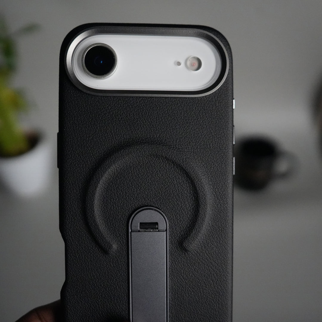 iPhone 17 Air Premium Leather-Texture Back Case with Metal Kickstand | Shockproof Cover