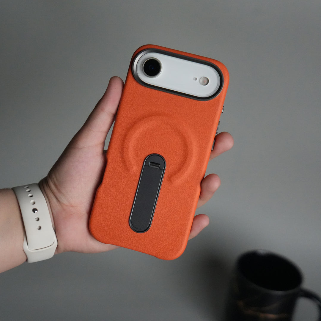 iPhone 17 Air Premium Leather-Texture Back Case with Metal Kickstand | Shockproof Cover