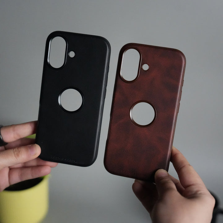 iPhone 17 PU Leather Logo Cut Plain Case Premium Finish Cover