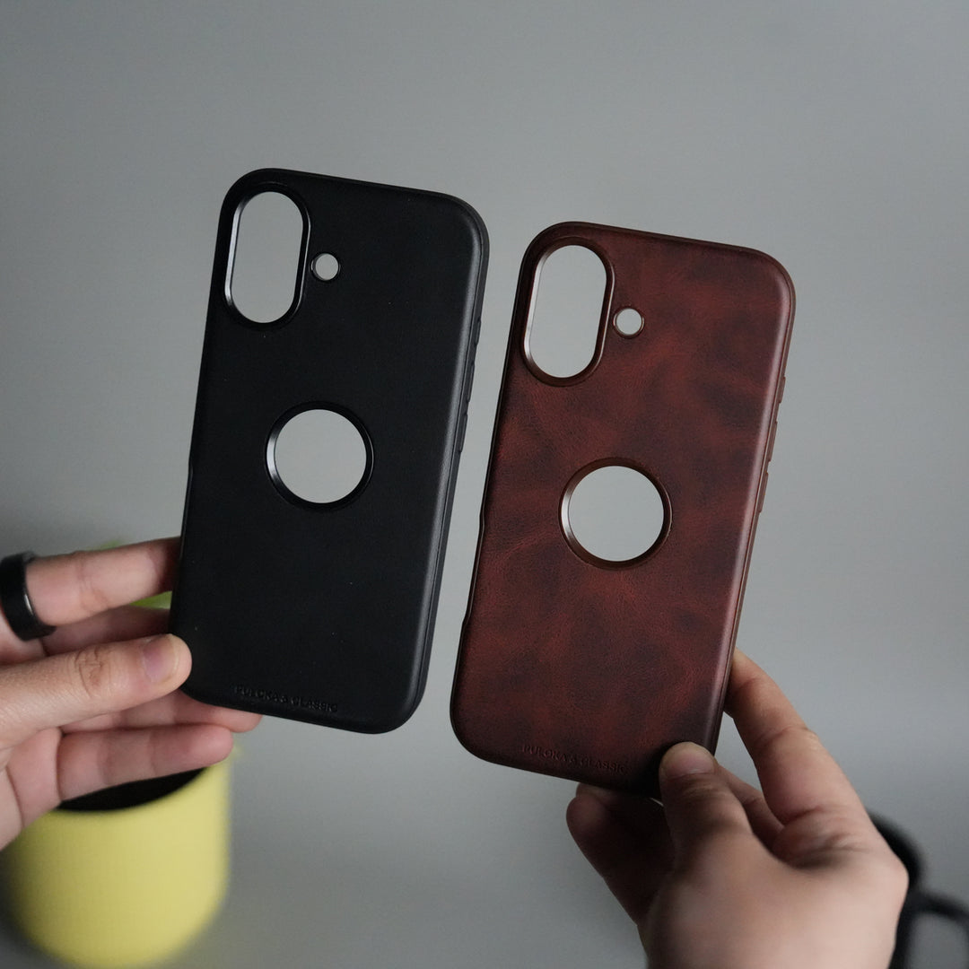 iPhone 17 PU Leather Logo Cut Plain Case Premium Finish Cover