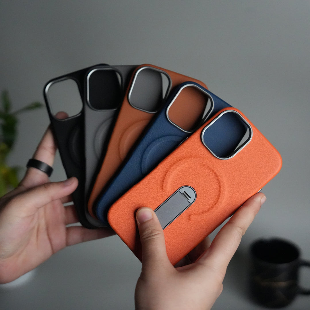iPhone 17 Premium Leather-Texture Back Case with Metal Kickstand | Shockproof Cover