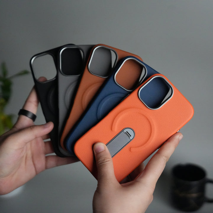 iPhone 17 Premium Leather-Texture Back Case with Metal Kickstand | Shockproof Cover