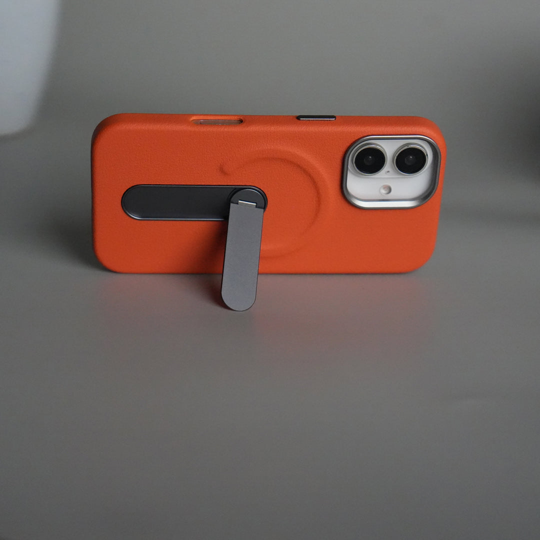 iPhone 17 Premium Leather-Texture Back Case with Metal Kickstand | Shockproof Cover