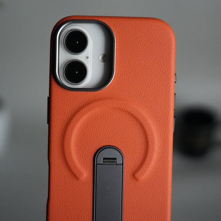 iPhone 17 Premium Leather-Texture Back Case with Metal Kickstand | Shockproof Cover