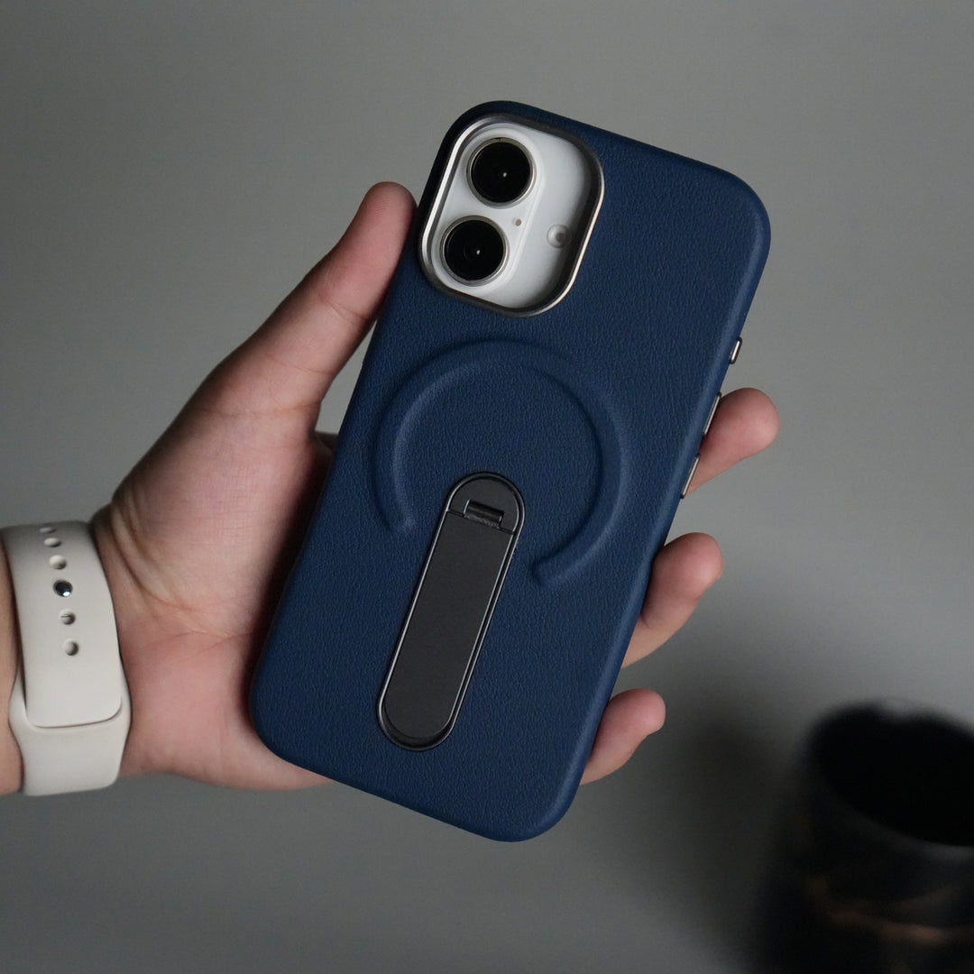 iPhone 17 Premium Leather-Texture Back Case with Metal Kickstand | Shockproof Cover