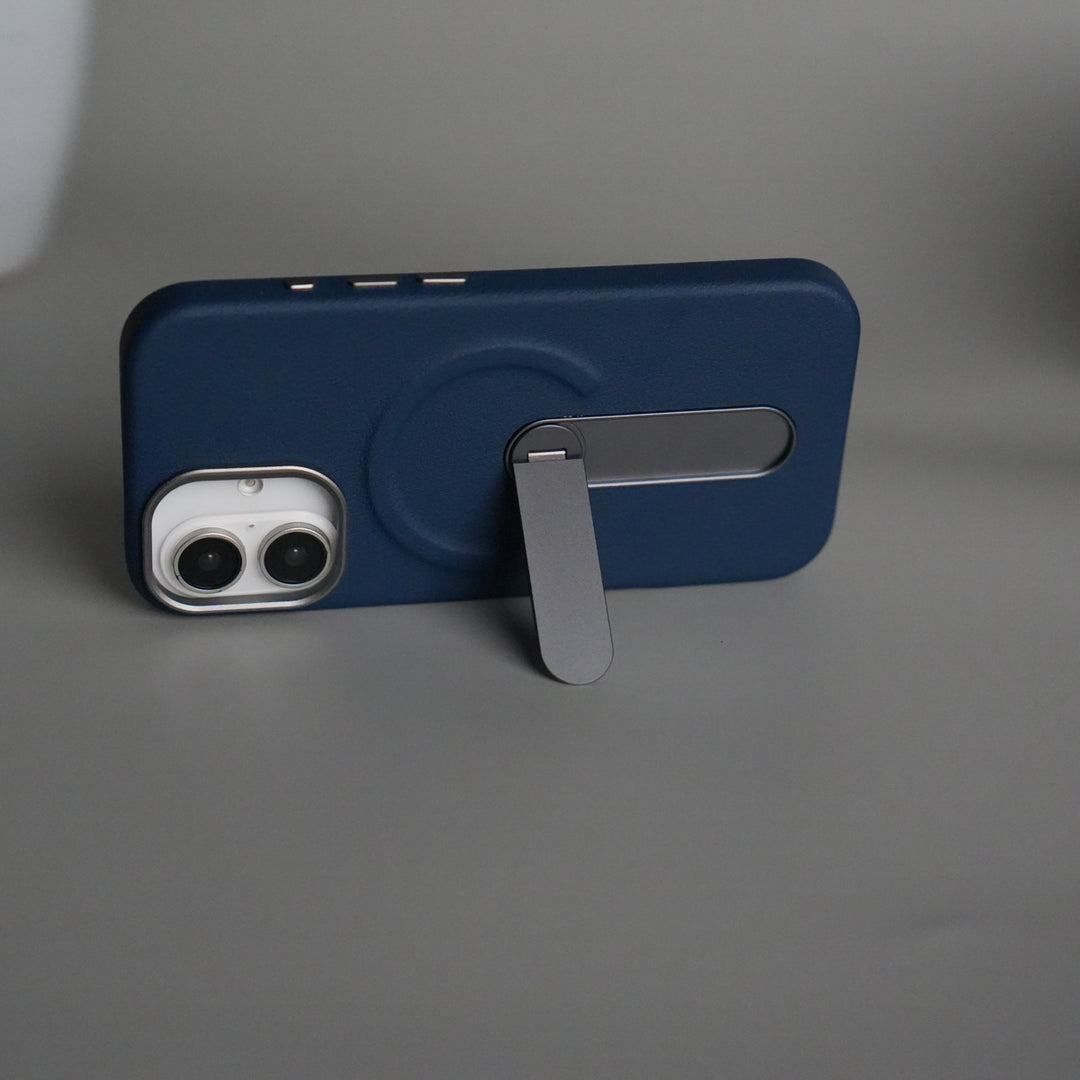 iPhone 17 Premium Leather-Texture Back Case with Metal Kickstand | Shockproof Cover