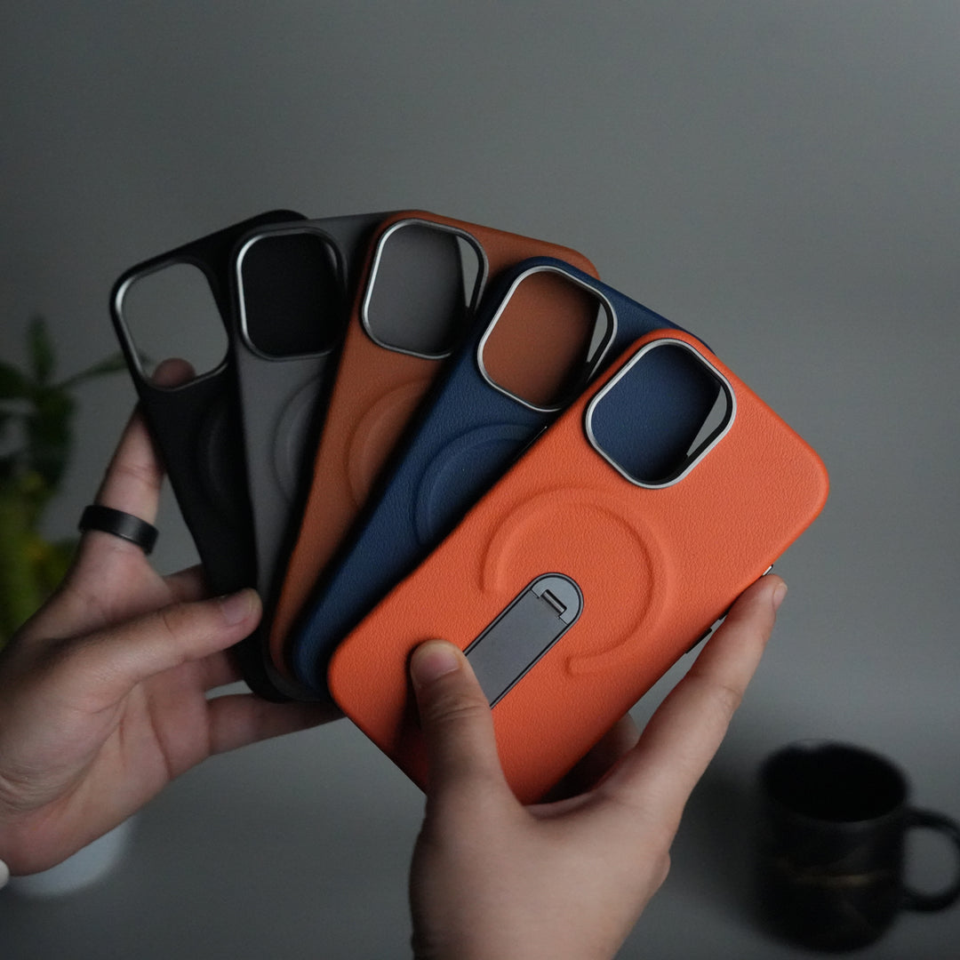 iPhone 17 Premium Leather-Texture Back Case with Metal Kickstand | Shockproof Cover