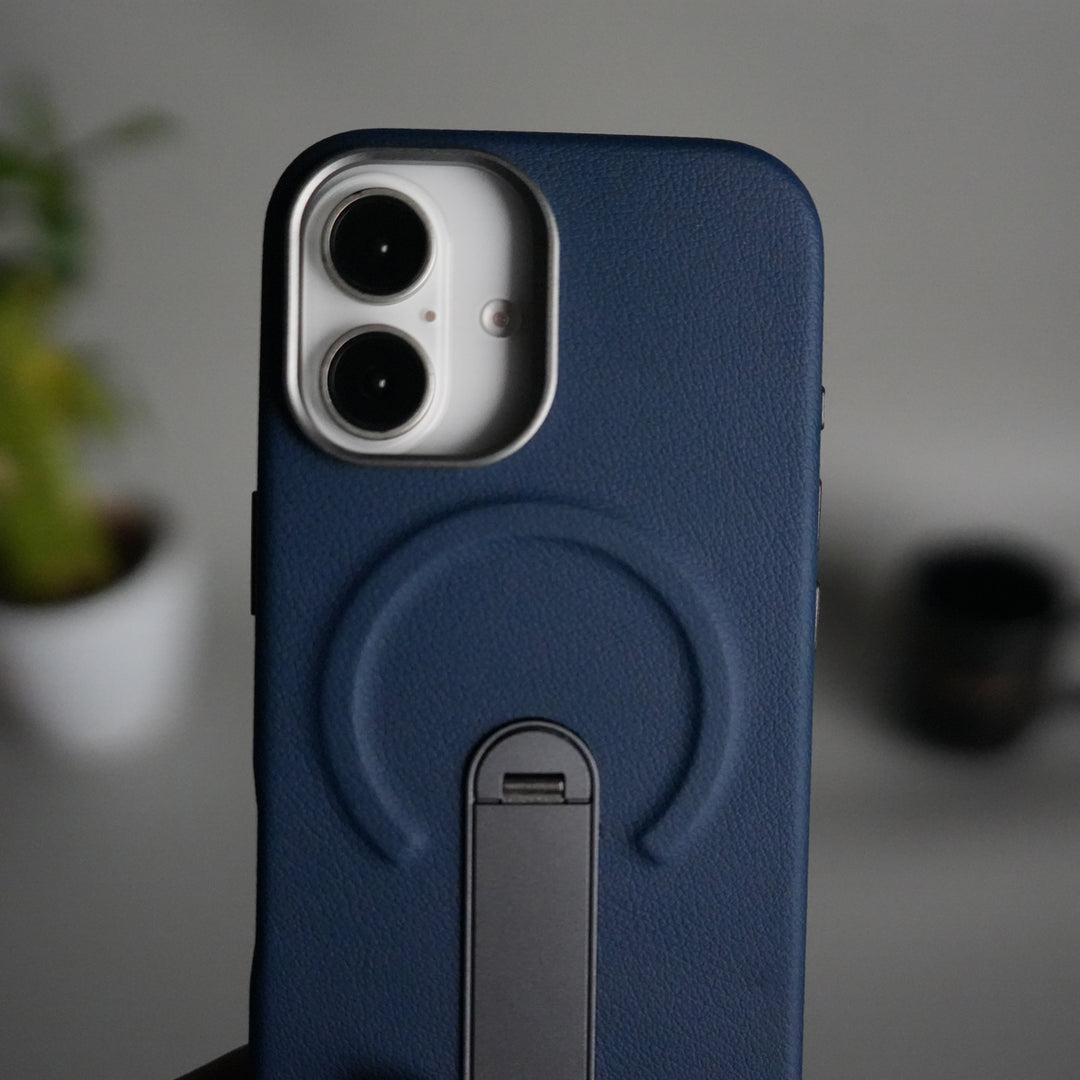 iPhone 17 Premium Leather-Texture Back Case with Metal Kickstand | Shockproof Cover