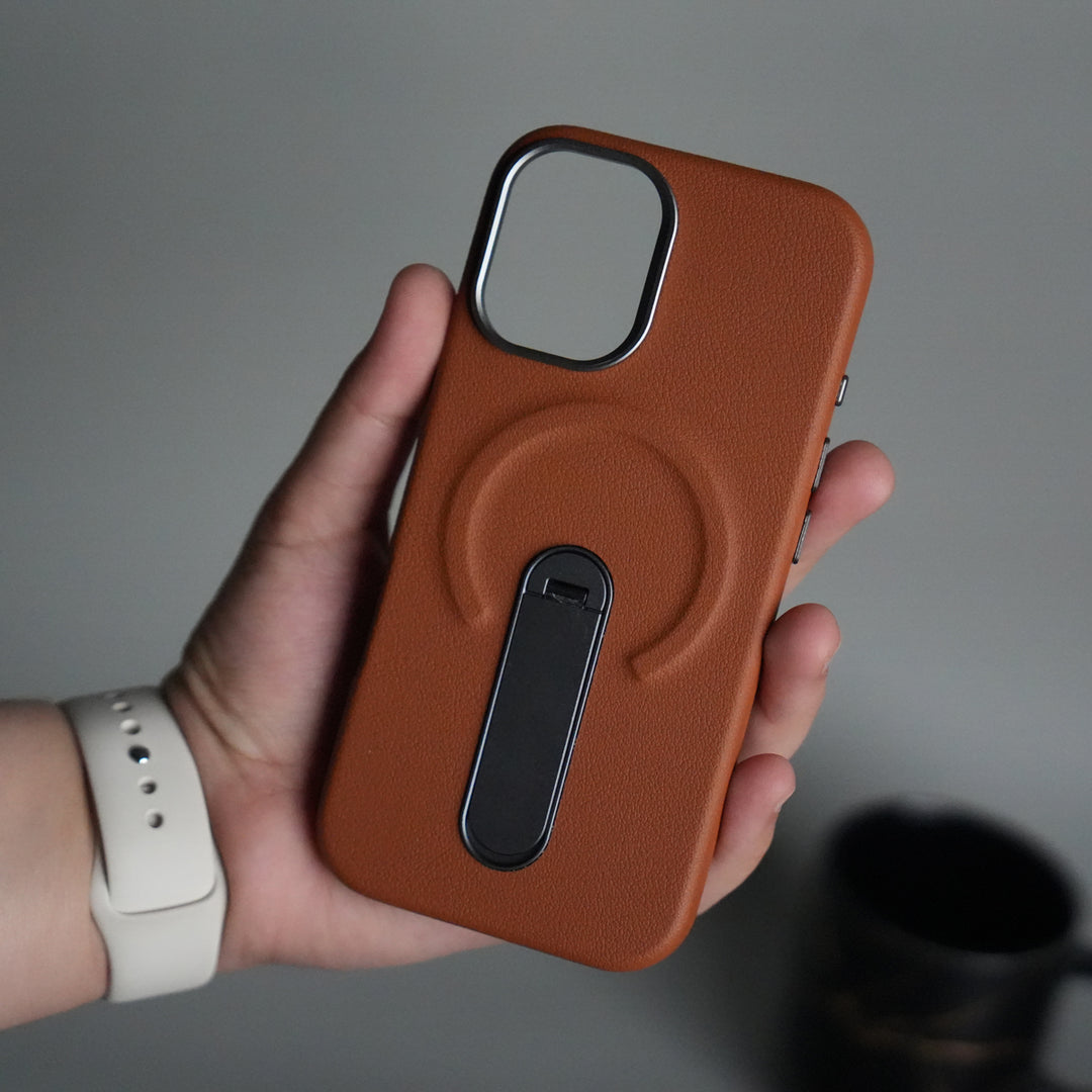 iPhone 17 Premium Leather-Texture Back Case with Metal Kickstand | Shockproof Cover
