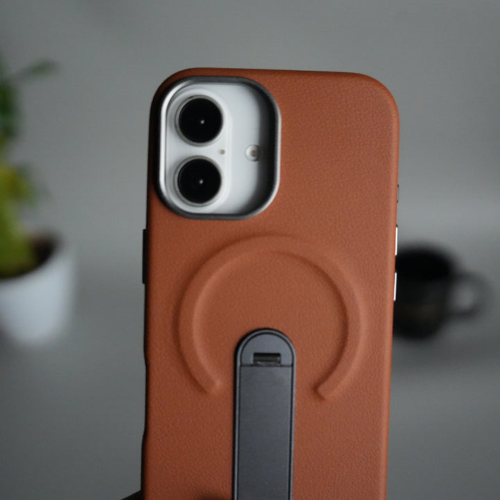 iPhone 17 Premium Leather-Texture Back Case with Metal Kickstand | Shockproof Cover