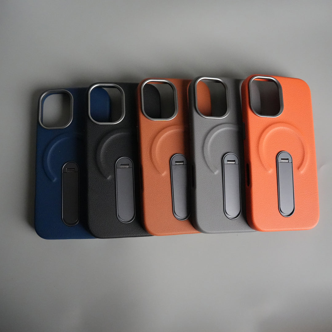 iPhone 17 Premium Leather-Texture Back Case with Metal Kickstand | Shockproof Cover