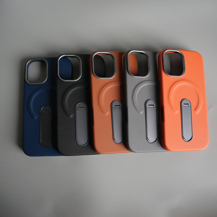 iPhone 17 Premium Leather-Texture Back Case with Metal Kickstand | Shockproof Cover