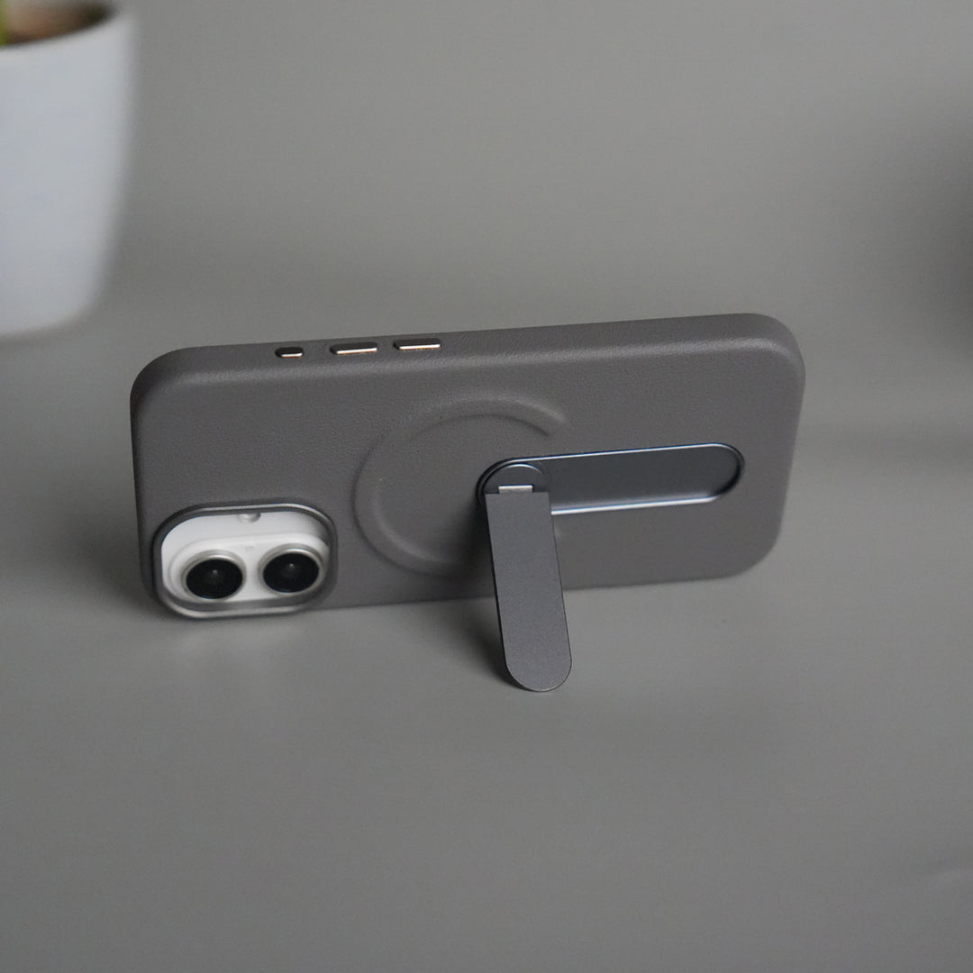 iPhone 17 Premium Leather-Texture Back Case with Metal Kickstand | Shockproof Cover