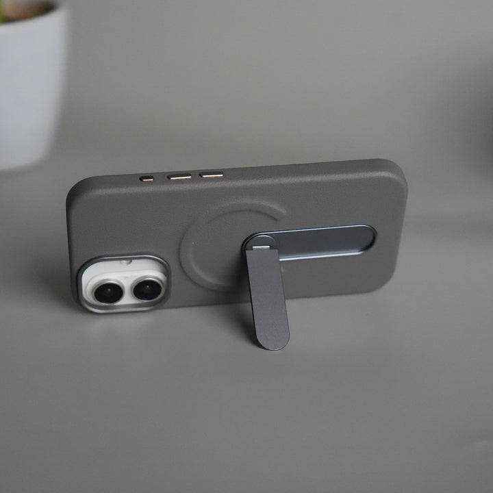 iPhone 17 Premium Leather-Texture Back Case with Metal Kickstand | Shockproof Cover