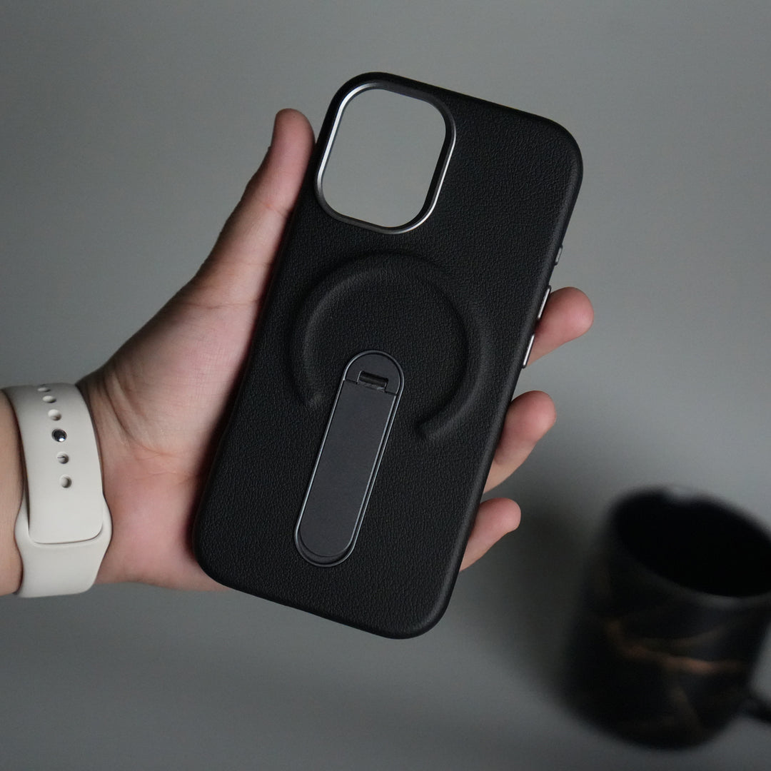 iPhone 17 Premium Leather-Texture Back Case with Metal Kickstand | Shockproof Cover