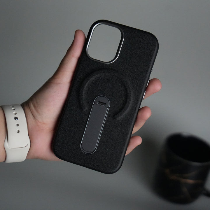 iPhone 17 Premium Leather-Texture Back Case with Metal Kickstand | Shockproof Cover