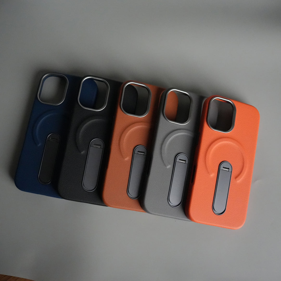iPhone 17 Premium Leather-Texture Back Case with Metal Kickstand | Shockproof Cover