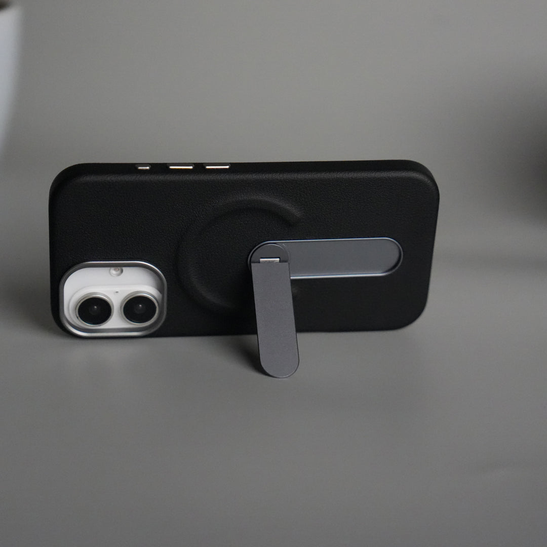 iPhone 17 Premium Leather-Texture Back Case with Metal Kickstand | Shockproof Cover