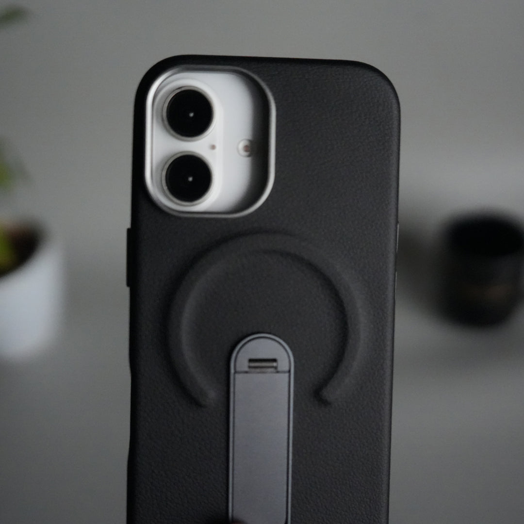 iPhone 17 Premium Leather-Texture Back Case with Metal Kickstand | Shockproof Cover