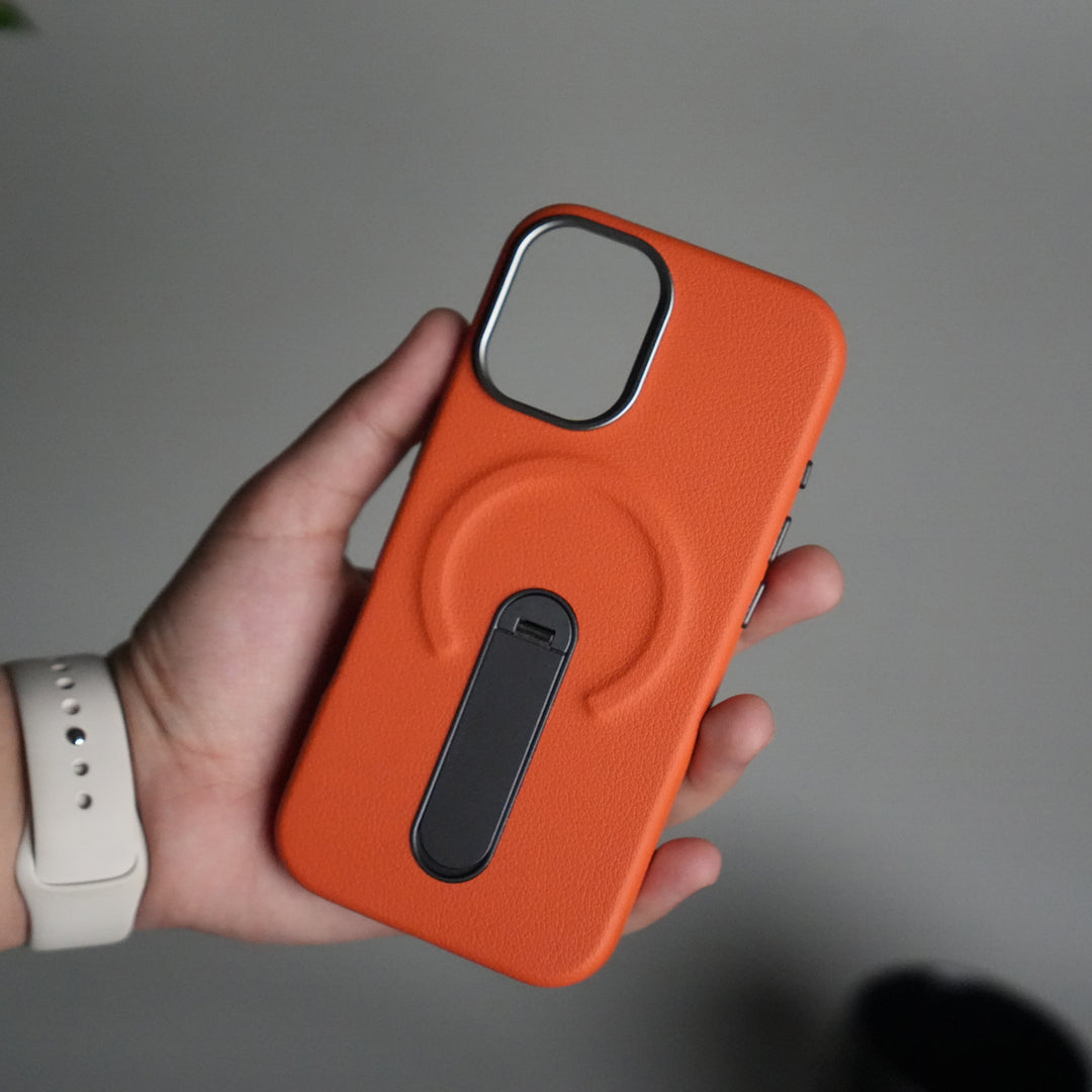 iPhone 17 Premium Leather-Texture Back Case with Metal Kickstand | Shockproof Cover