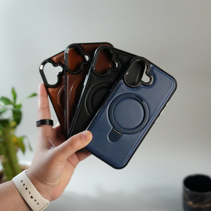 iPhone 17 Premium PU Leather Case with Metal Kickstand | Metal Camera Bump | Luxury Shockproof Back Cover