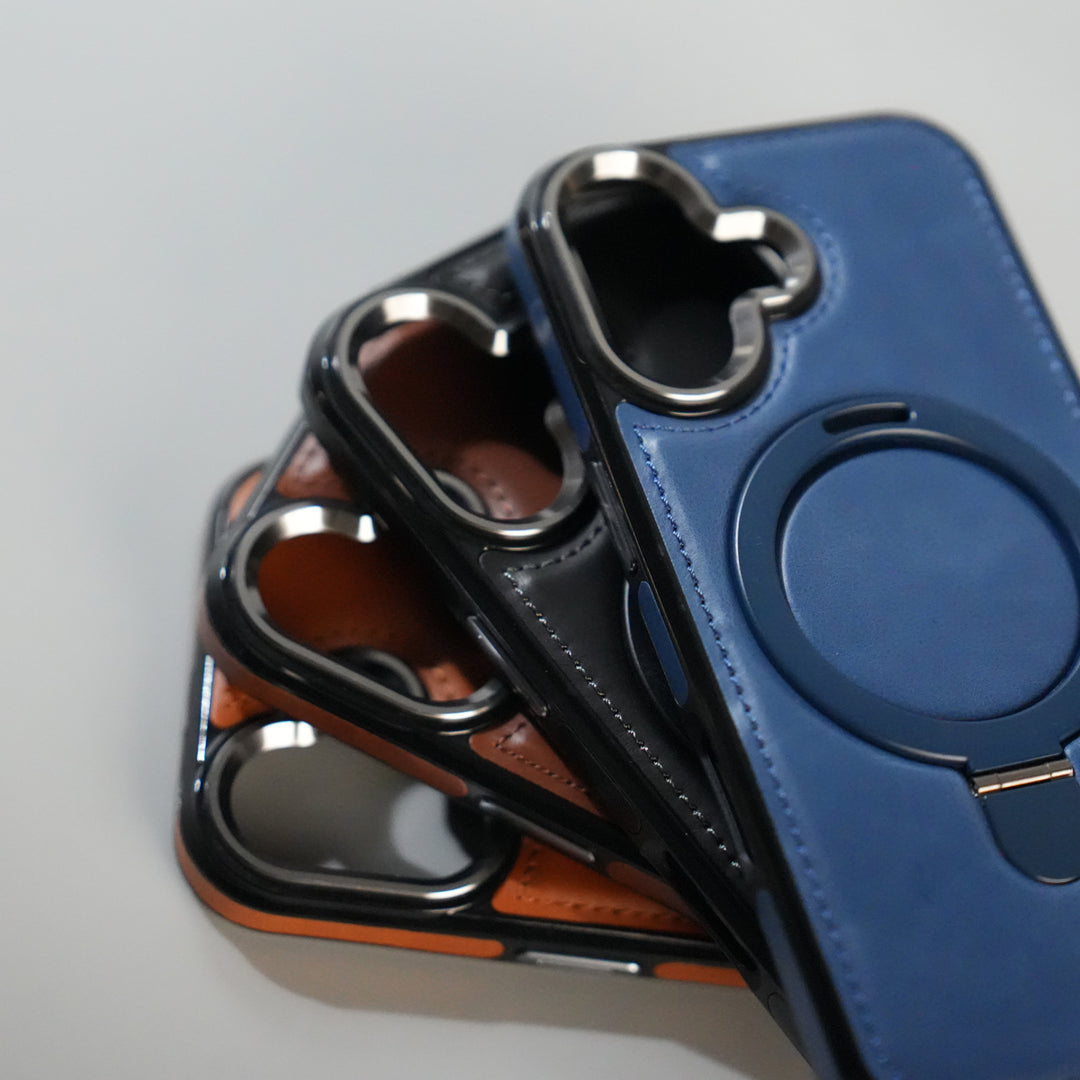 iPhone 17 Premium PU Leather Case with Metal Kickstand | Metal Camera Bump | Luxury Shockproof Back Cover