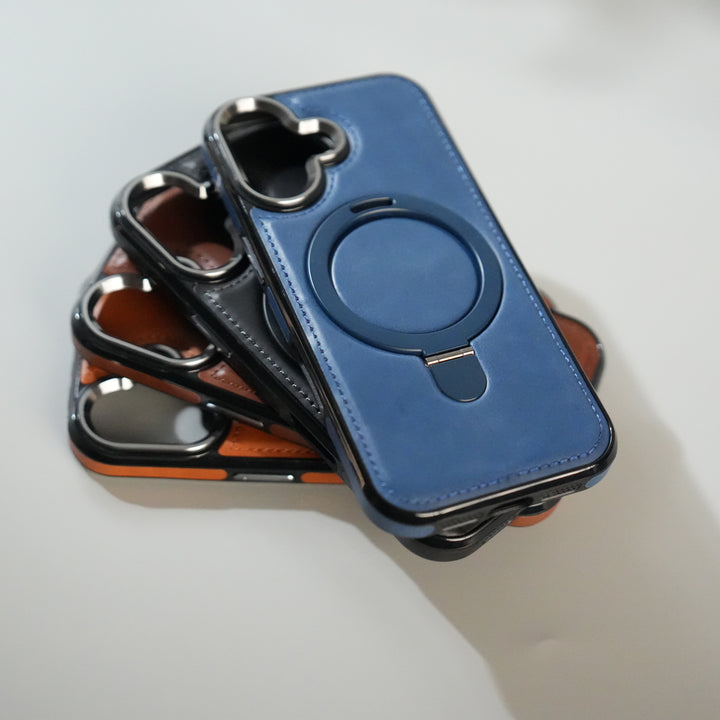 iPhone 17 Premium PU Leather Case with Metal Kickstand | Metal Camera Bump | Luxury Shockproof Back Cover