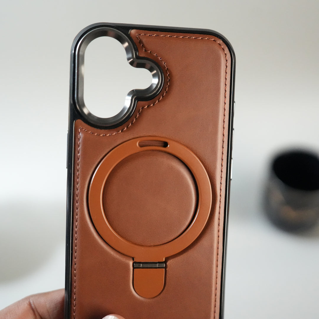 iPhone 17 Premium PU Leather Case with Metal Kickstand | Metal Camera Bump | Luxury Shockproof Back Cover