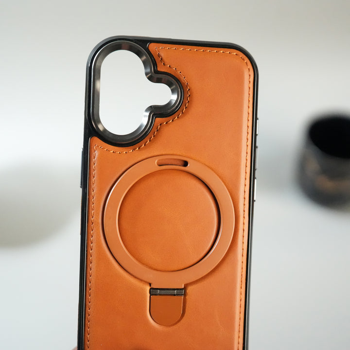 iPhone 17 Premium PU Leather Case with Metal Kickstand | Metal Camera Bump | Luxury Shockproof Back Cover