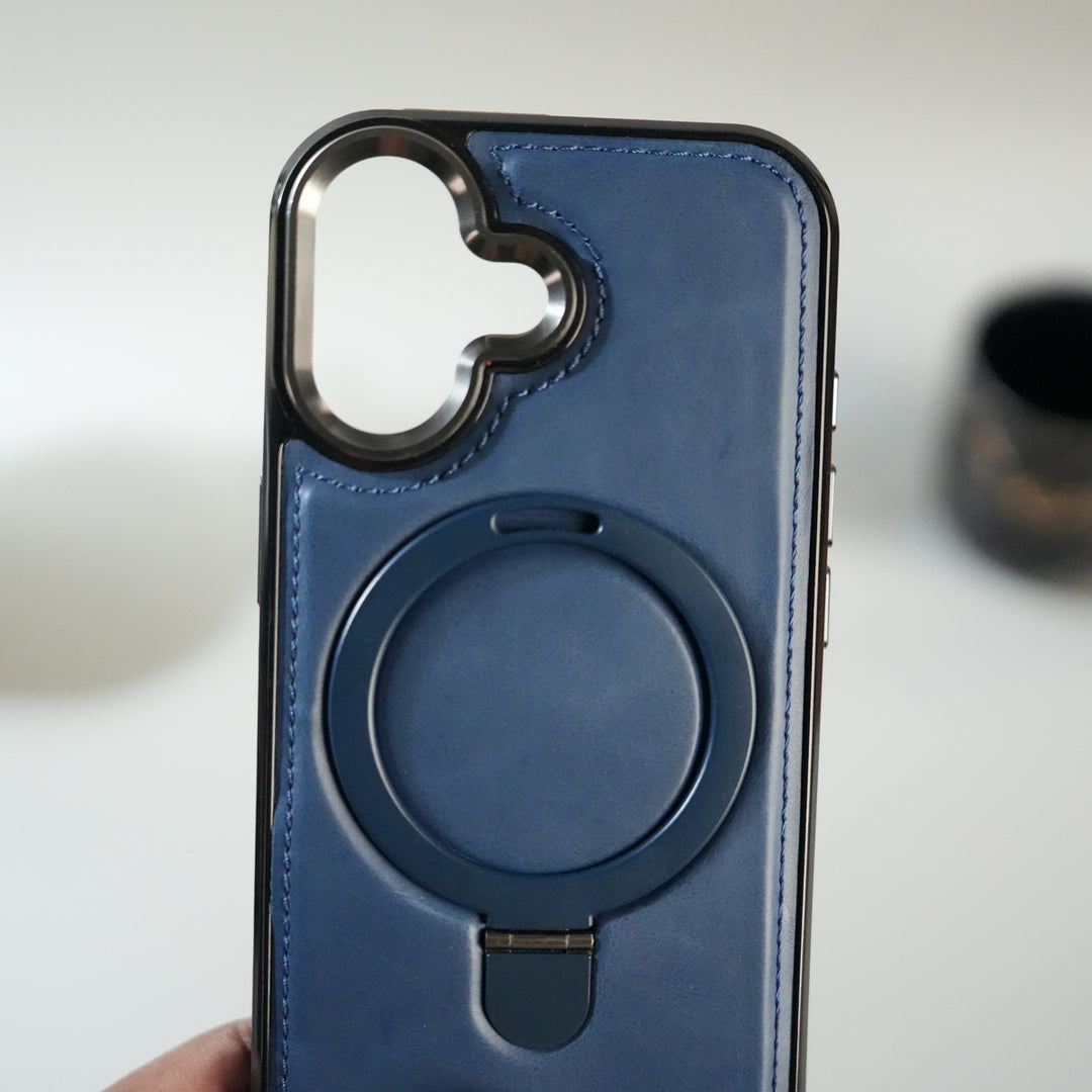 iPhone 17 Premium PU Leather Case with Metal Kickstand | Metal Camera Bump | Luxury Shockproof Back Cover