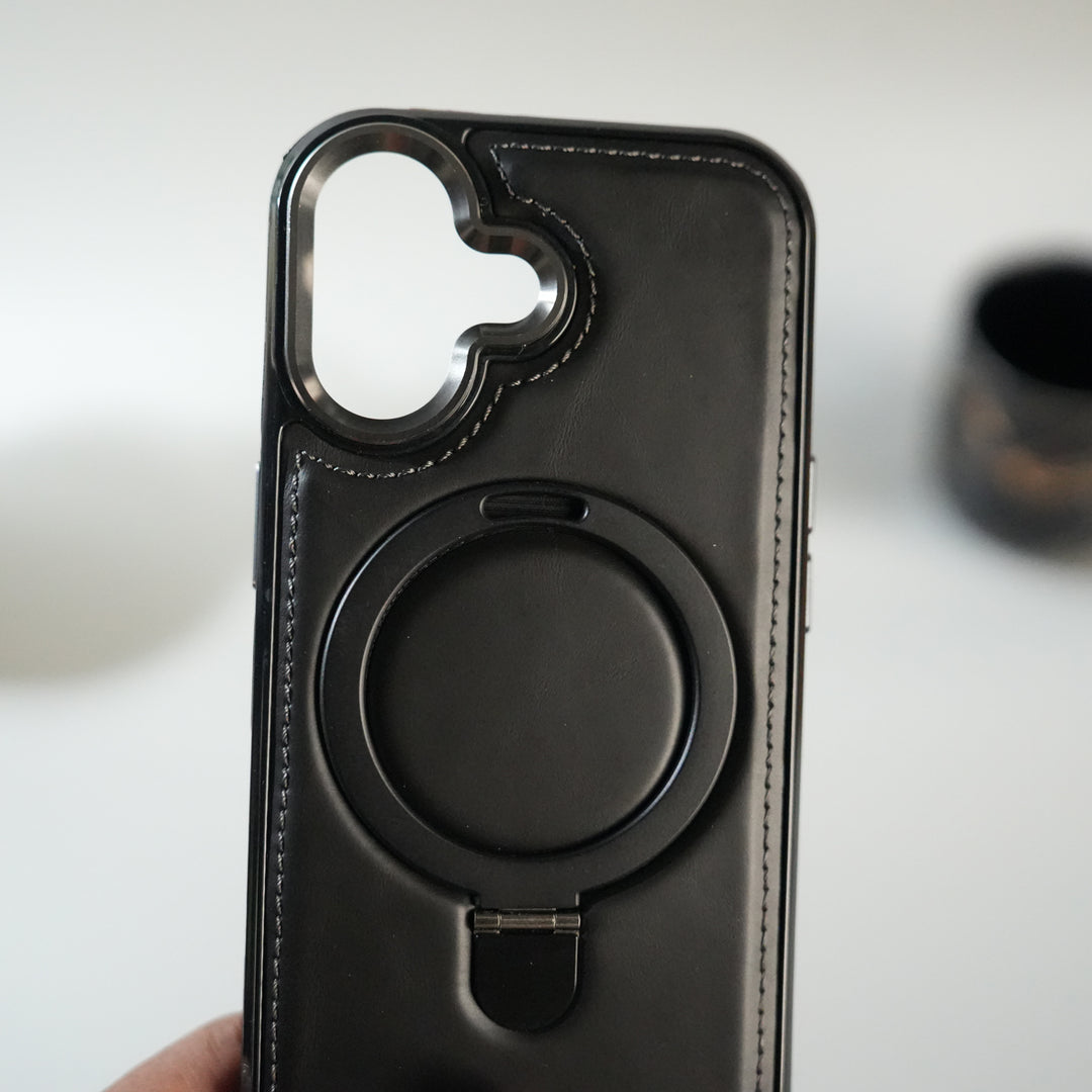 iPhone 17 Premium PU Leather Case with Metal Kickstand | Metal Camera Bump | Luxury Shockproof Back Cover