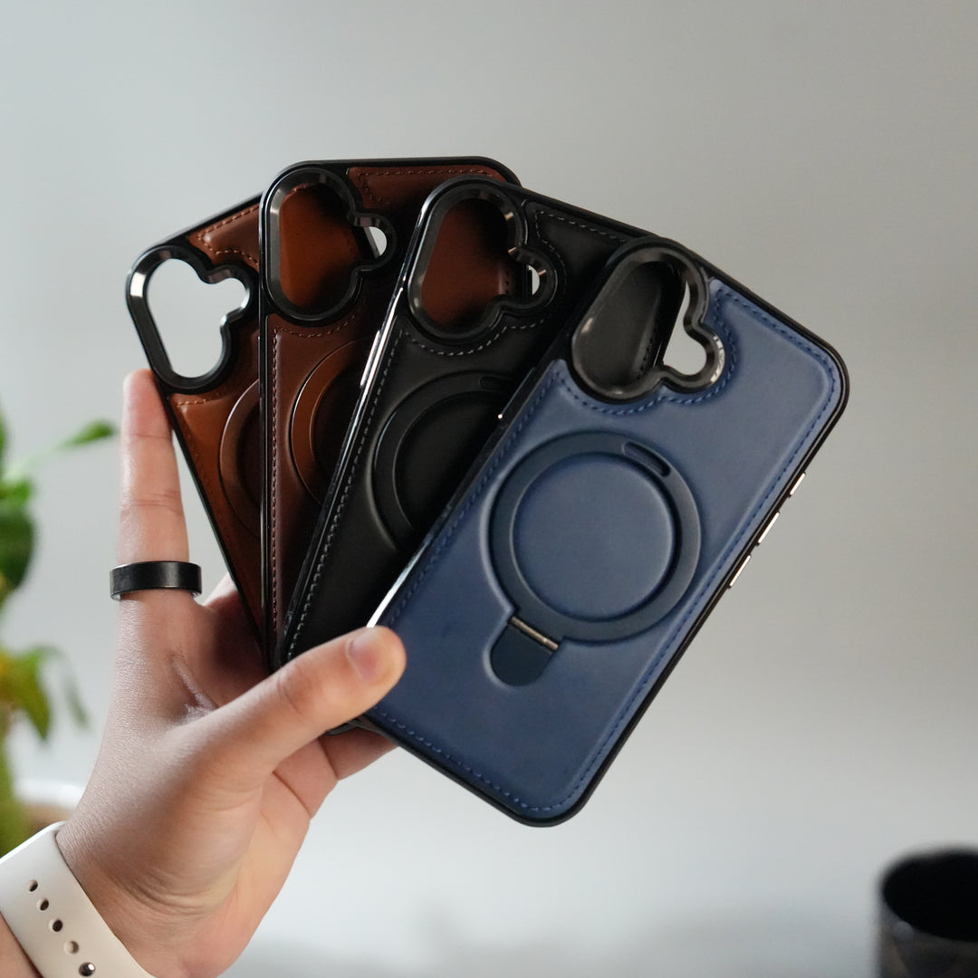 iPhone 17 Premium PU Leather Case with Metal Kickstand | Metal Camera Bump | Luxury Shockproof Back Cover