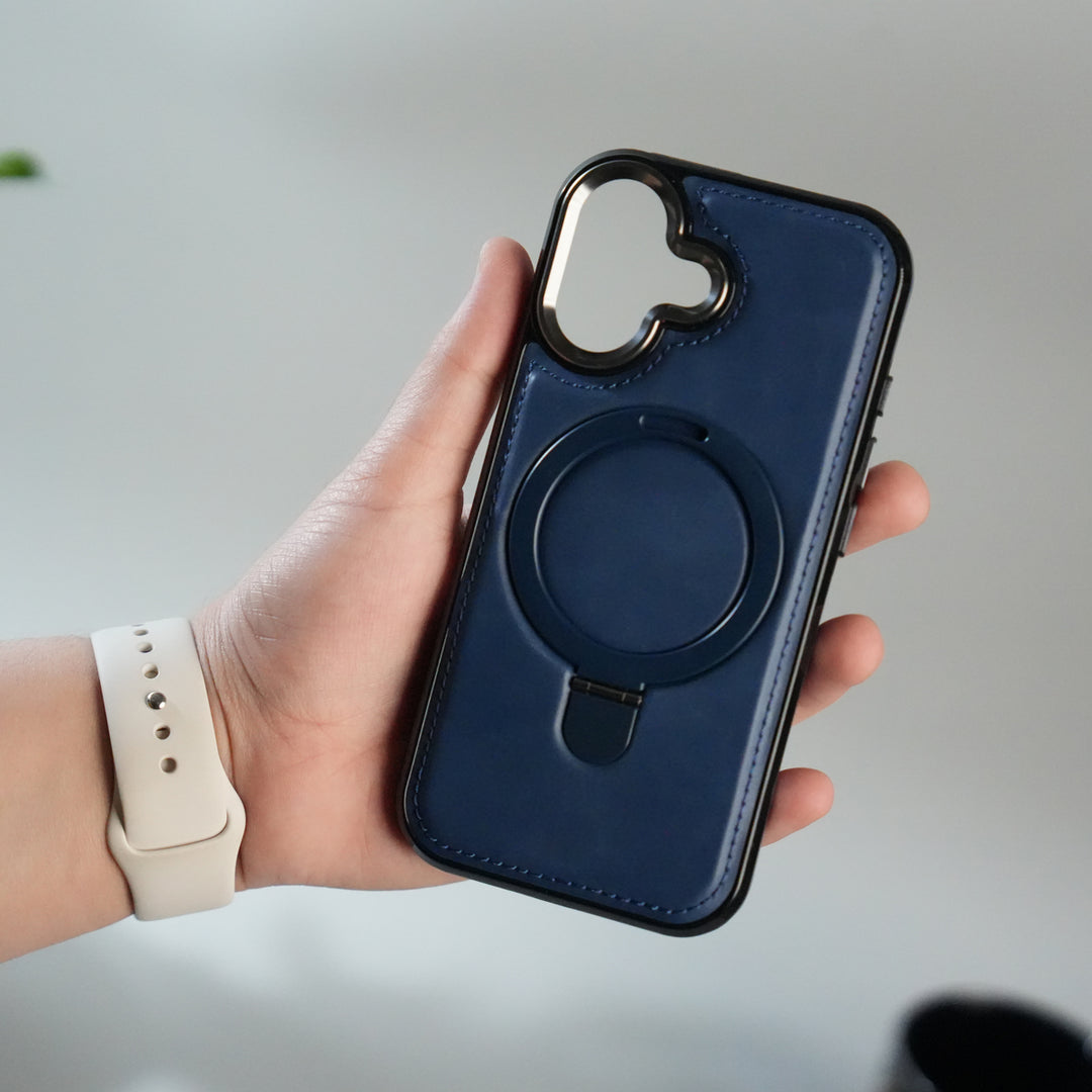 iPhone 17 Premium PU Leather Case with Metal Kickstand | Metal Camera Bump | Luxury Shockproof Back Cover