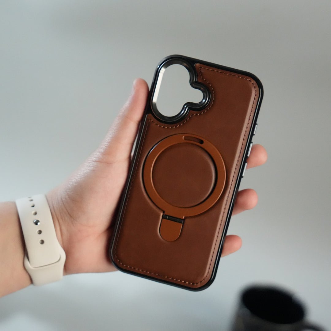 iPhone 17 Premium PU Leather Case with Metal Kickstand | Metal Camera Bump | Luxury Shockproof Back Cover