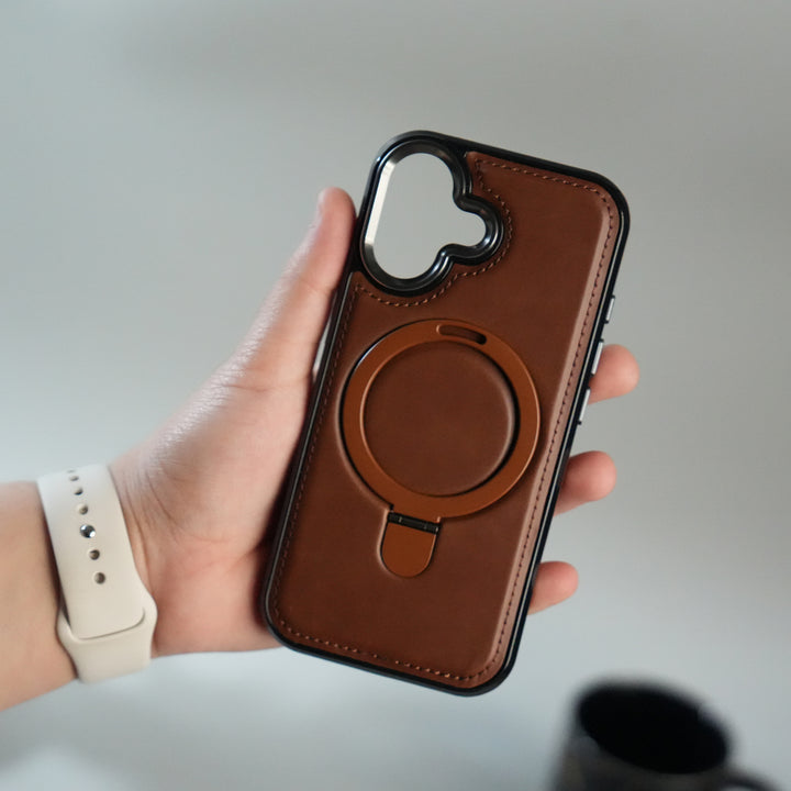 iPhone 17 Premium PU Leather Case with Metal Kickstand | Metal Camera Bump | Luxury Shockproof Back Cover