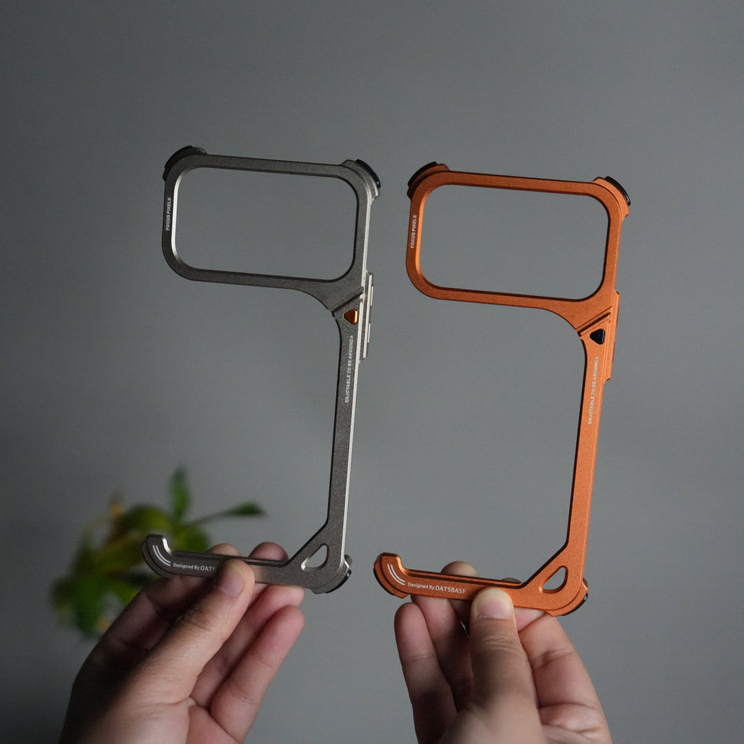 iPhone 17 Pro 9-Shaped Frameless Metal Bumper Case with Hidden Lens Stand | Shockproof Aviation-Grade Alloy Frame