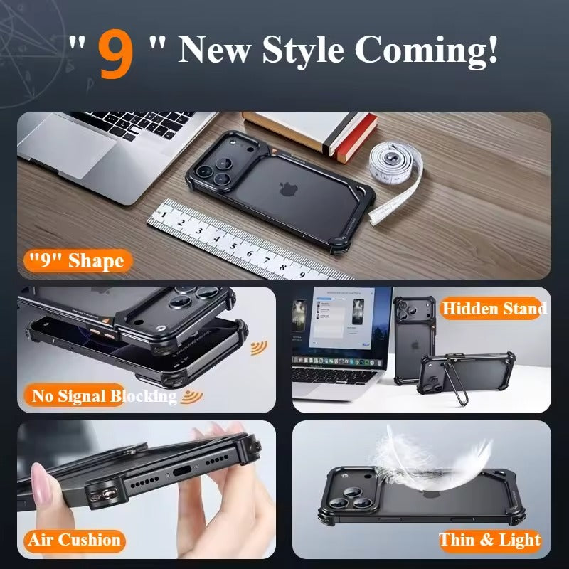 iPhone 17 Pro 9-Shaped Frameless Metal Bumper Case with Hidden Lens Stand | Shockproof Aviation-Grade Alloy Frame