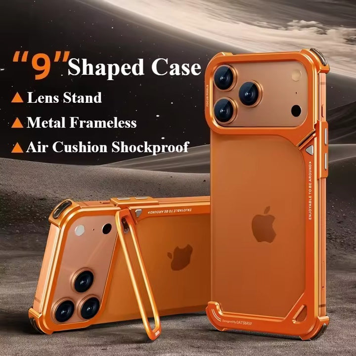 iPhone 17 Pro 9-Shaped Frameless Metal Bumper Case with Hidden Lens Stand | Shockproof Aviation-Grade Alloy Frame