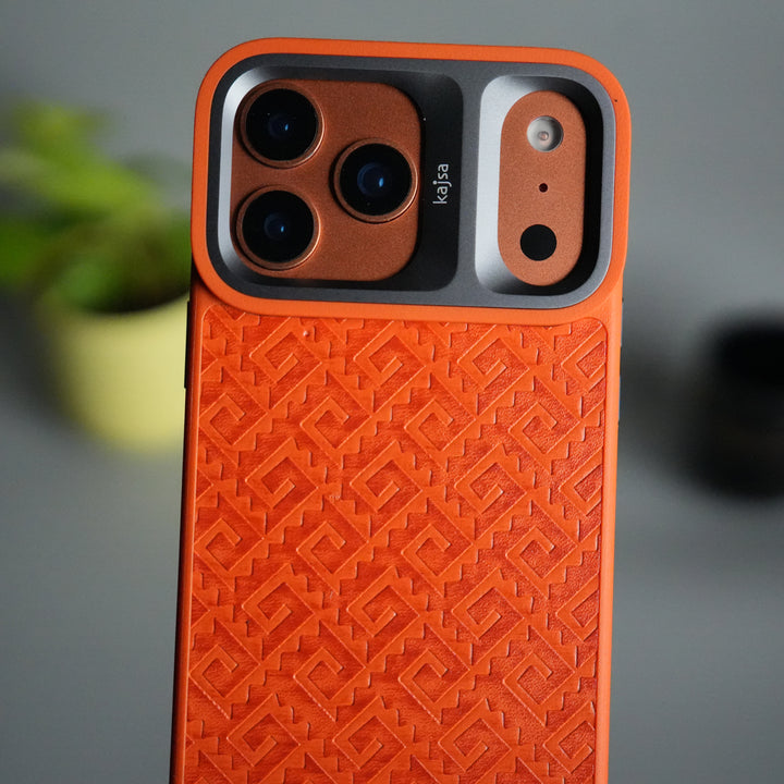 iPhone 17 Pro GeoMaze Pattern Leather Case | Premium Luxury Back Cover with Metal Camera Frame
