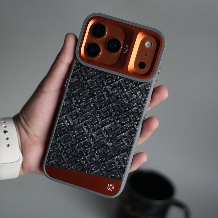 iPhone 17 Pro GeoMaze Pattern Leather Case | Premium Luxury Back Cover with Metal Camera Frame