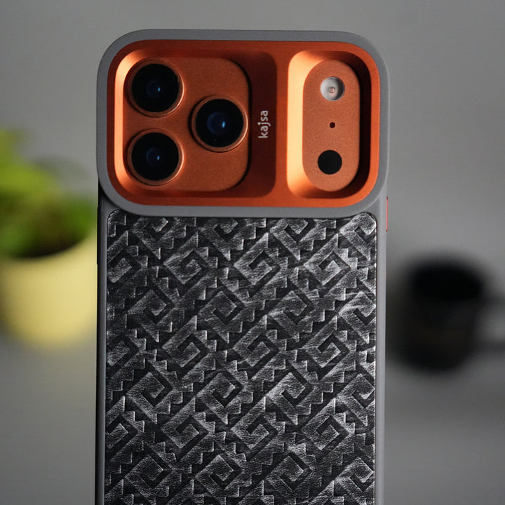 iPhone 17 Pro GeoMaze Pattern Leather Case | Premium Luxury Back Cover with Metal Camera Frame