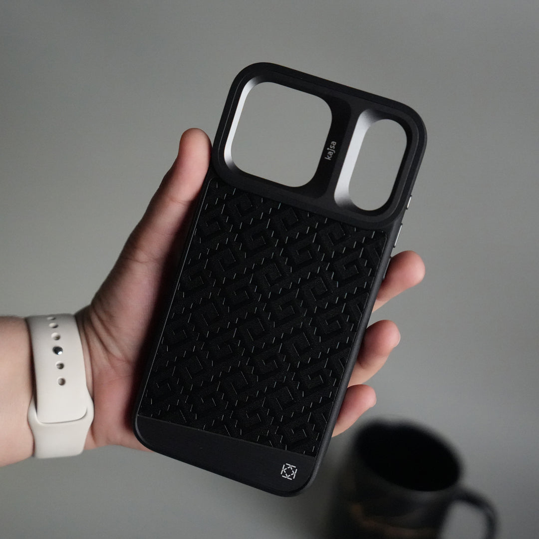 iPhone 17 Pro GeoMaze Pattern Leather Case | Premium Luxury Back Cover with Metal Camera Frame